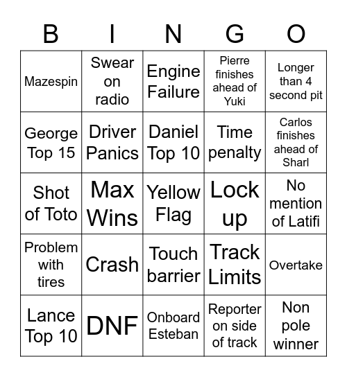 Baku GP Bingo Card