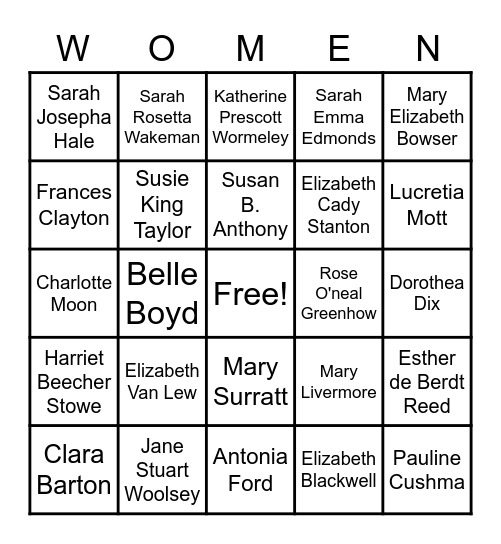 Women in the Civil War Bingo Card