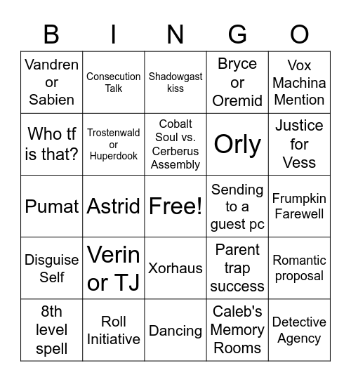 Critical Role Finale Bingo Card