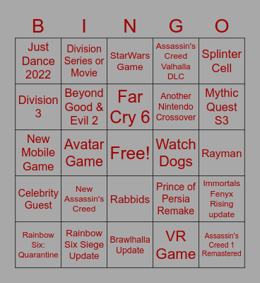 Ubisoft E3 2021 Bingo Card