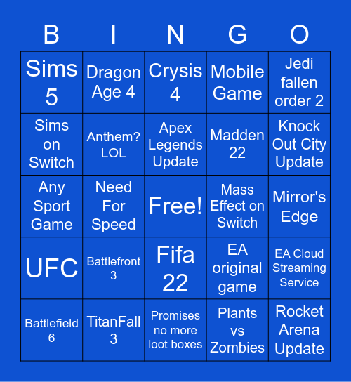 EA E3 2021 Bingo Card