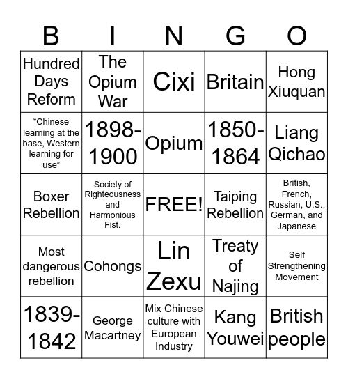 Chinese Empire Bingo Card