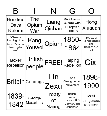 Chinese Empire Bingo Card