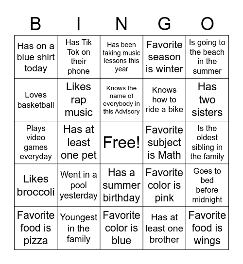 All About Me Bingo Card