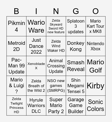 Nintendo E3 2021 Bingo Card