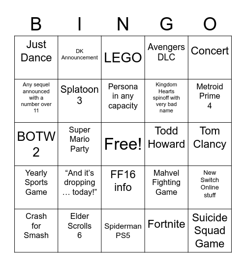 E3 Bingo Card