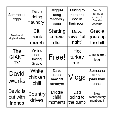 Fields Family Bingo Card