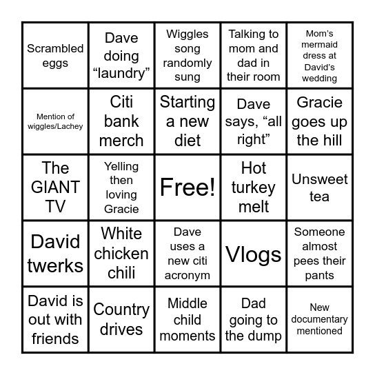 Fields Family Bingo Card