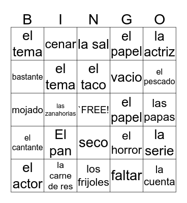 Spanish Bingo! Bingo Card