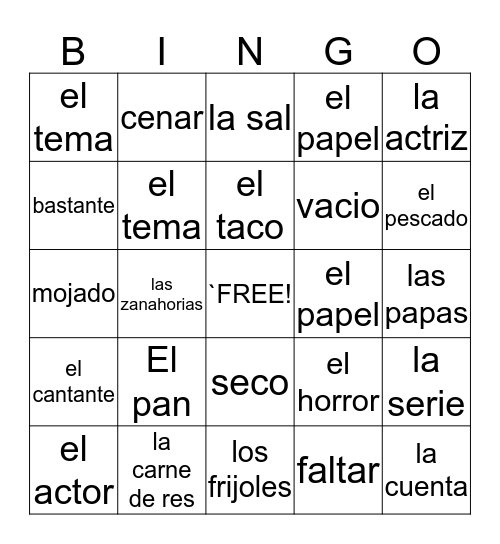 Spanish Bingo! Bingo Card