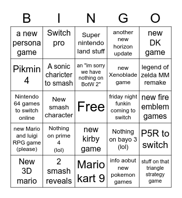 Nintendo E3 Bingo Card