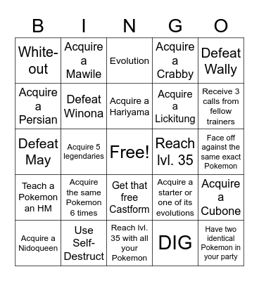 Pokemon Emerald Bingo Card