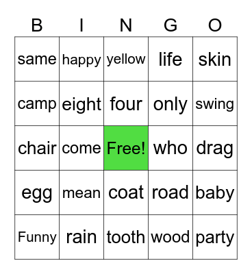 Sight Words Bingo Card
