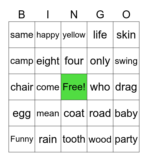 Sight Words Bingo Card