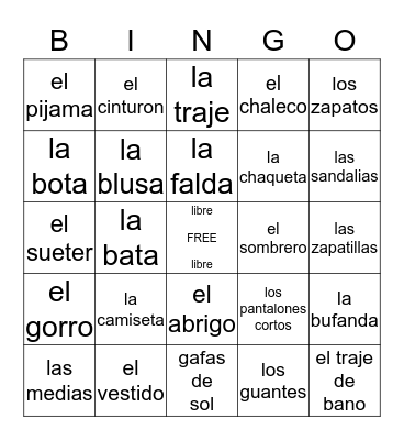 clothes in spanish bingo Card