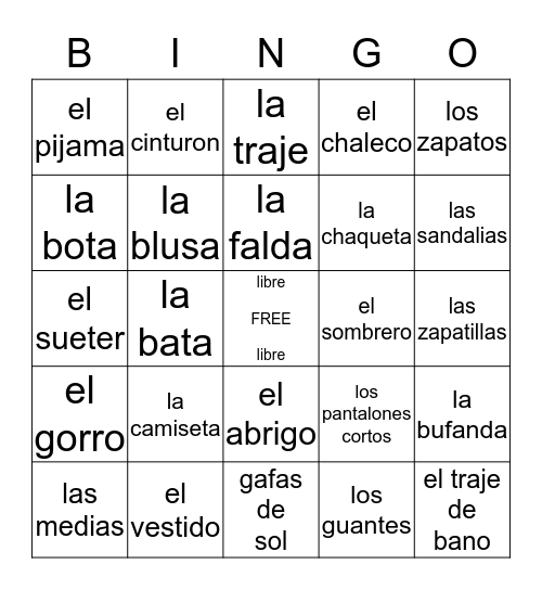 clothes in spanish bingo Card