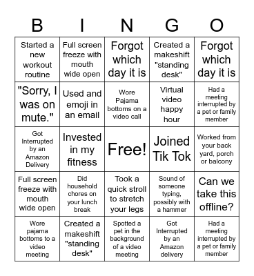 Working From Home Bingo Card