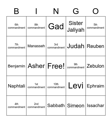 Sabbath Bingo Card