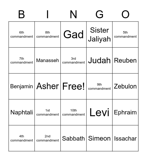 Sabbath Bingo Card