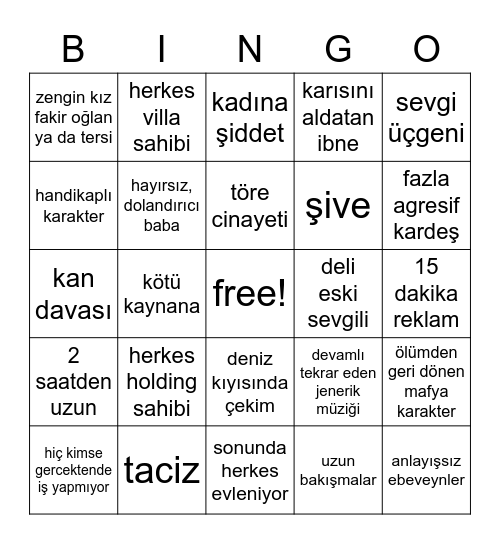 Türk dizisi tombalası Bingo Card