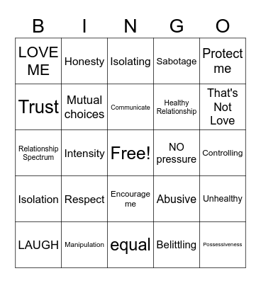 Healthy Relationships and Online Safety Bingo Card