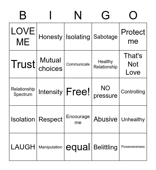 Healthy Relationships and Online Safety Bingo Card