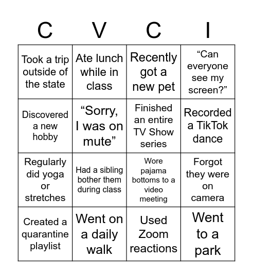 Quarantine Bingo Card