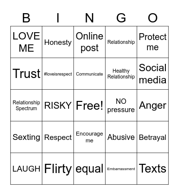 Healthy Relationships and Online Safety Bingo Card
