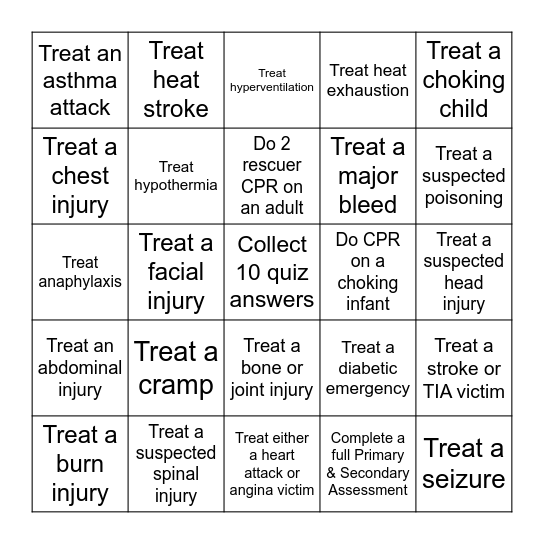 Standard First Aid Bingo Card
