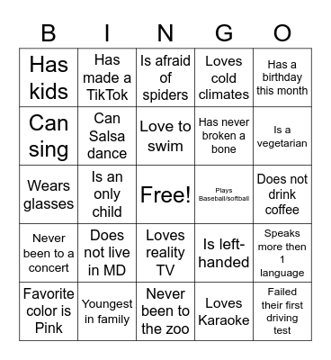 Church Ice Breaker Bingo Card