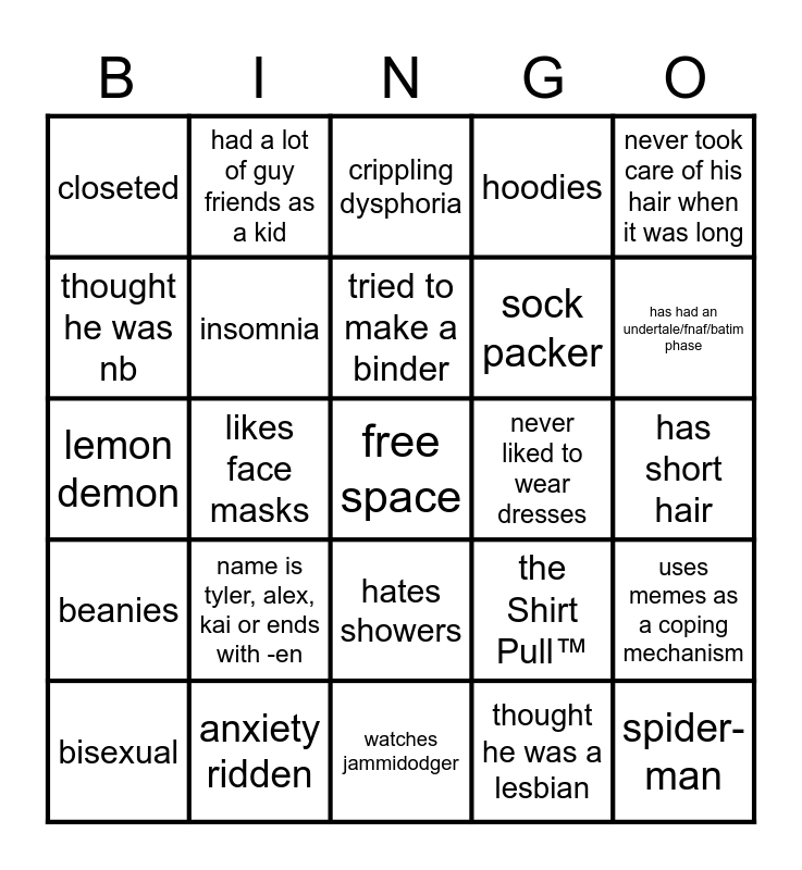 teenage trans guy bingo Card