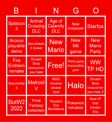 Nintendo E3 2021 Bingo Card