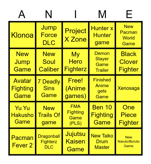 Bando Namco Bingo Card