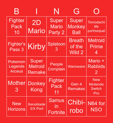 Nintendo E3 Bingo Card