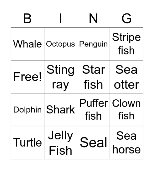 Exercise Bingo (Sea Creatures) Bingo Card