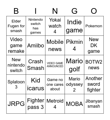 Nintendo E3 Bingo Card