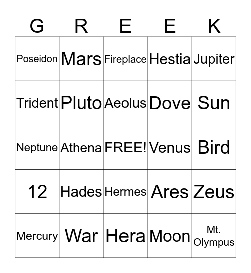 Greek Mythology Bingo  Bingo Card