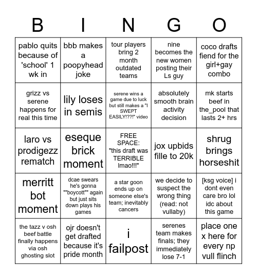 LCPL X Bingo Card