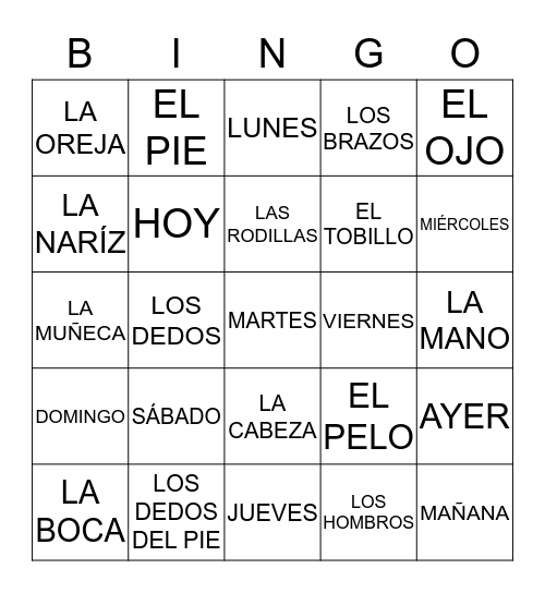 LESSON 6 AND 9 - SPANISH Bingo Card