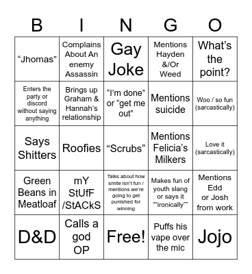 Dylan Bingo Card