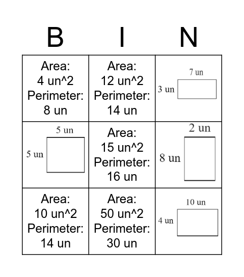 Area vs Perimeter Bingo Card