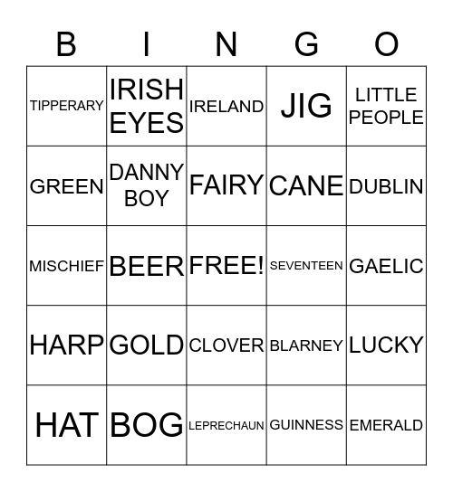 Paddy's Day Bingo Card