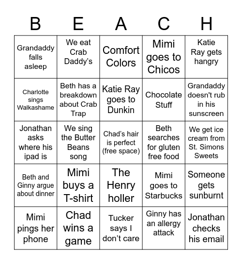 Vacation Bingo Card