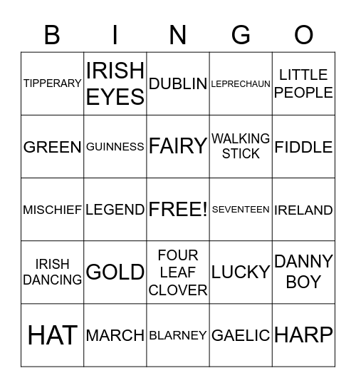 Paddy's Day Bingo Card