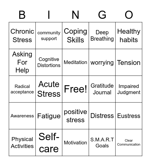 Stress Management Bingo Card