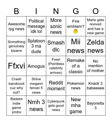 E3 2021 Bingo Card