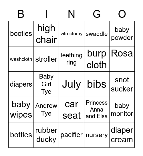 Dr. Tye's Baby Shower Bingo Card