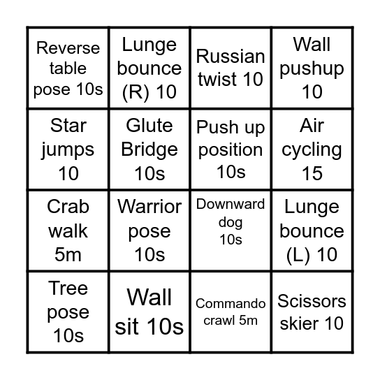 Exercise Bingo Card