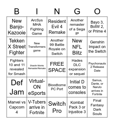 E3 2021 Bingo Card