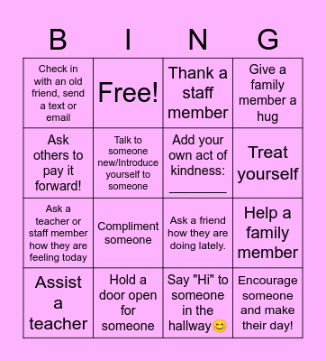 Kindness Bingo Card - In Person Bingo Card